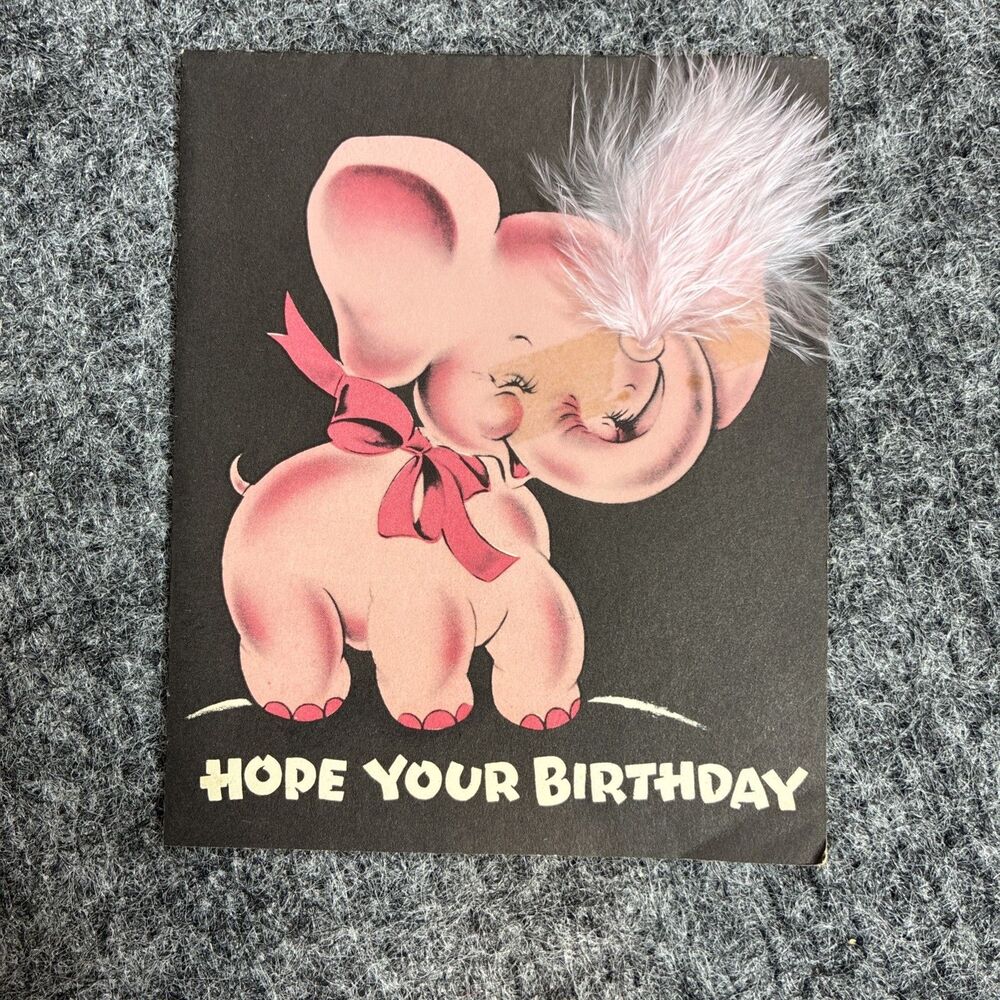 Vintage Norcross Pink Elephant Birthday Card Feather Accent 1950s Cute